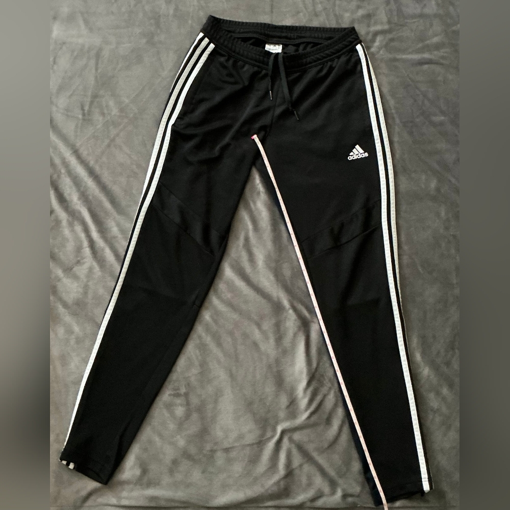 Adidas Black Slim Leg Running Joggers w/ White Stripes- Activewear
